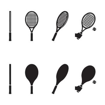 art of tennis racket and ball in different positions illustration set and bundle silhouette art design vector
