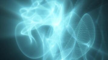 Cool cyan fluid shapes twist and move through space, forming glowing abstract ribbons in a high-tech digital style video