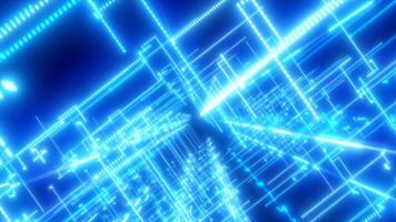 abstrakt 3d tunnel med ljus blå lysande rader formning en digital rutnät av trogen ljus strukturer video