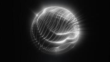 schwarz und Weiß leuchtend abstrakt Kugel zusammengesetzt von fließend Linien und Digital Licht Strahlen im ein dunkel Raum video