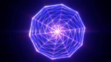 A radiant purple polygonal shape with interconnecting lines that expand outward, creating a complex, luminous pattern resembling a digital web or network video