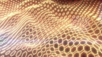 Flowing golden hexagonal grid with glowing highlights, evoking a sense of advanced energy networks and modern innovation video