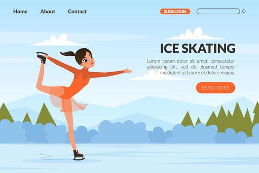 aterrizaje página con joven mujer hielo Patinaje en pista con montaña antecedentes escena modelo vector