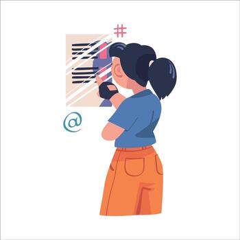 mujer personaje a pantalla trabajando con información analizando datos y hojeada Internet ilustración vector