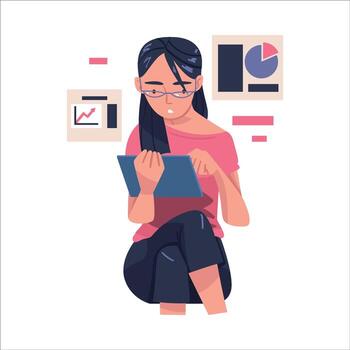 Woman Character with Tablet PC Working with Information Analyzing Data and Browsing Internet Illustration vector