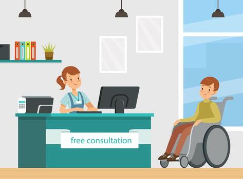 Receptionist assisting a wheelchair user vector