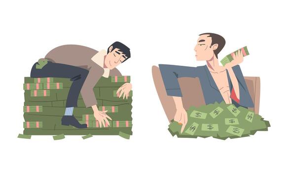 contento Rico hombre abrazando dólar billete de banco apilar y participación efectivo conjunto vector