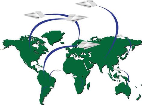 Paper planes flying across world map connecting globe vector