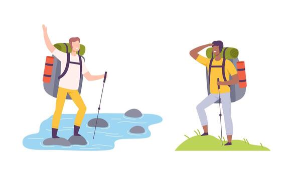 Hikers enjoying nature and adventure vector