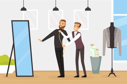 Tailor measuring a customer for suit vector