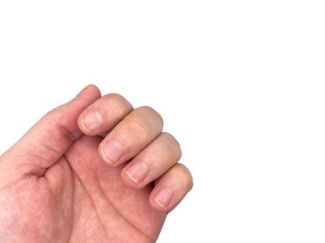 Close up, showing a mans hand with dirty fingernails, personal hygiene, man nails working male hands, with the concept of health, white background, top view, flat lay photo