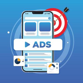 Online digital marketing with mobile ad campaigns. Targeted mobile advertising with personalized ads, location-based marketing, mobile user data, in-app ads and audience targeting. vector