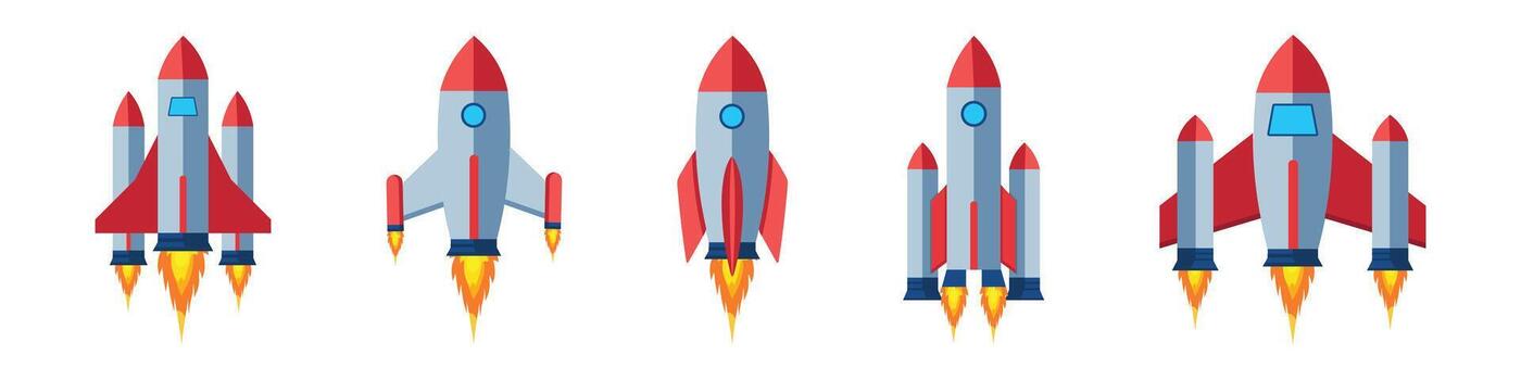 rocket taking Set of five colorful rocket illustrations taking off into space on a white background vector