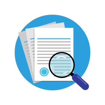 Magnifying Glass with Document Paper. Evidence Analysis Concept Design. vector