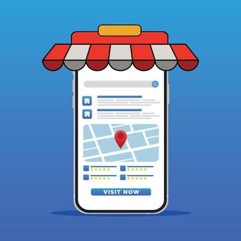 Online Store Location. Local SEO Marketing Strategy with Smartphone Interface and Store Location Pin. Geofencing, Near Me Search Optimization, Online Business Promotion Icon in Flat Design vector