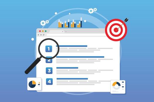 SEO Rankings. Achieve top search engine results with high-quality content, targeted keywords, authoritative backlinks and effective behavioral SEO ranking factors strategies vector