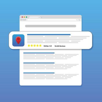 Local Business Reviews concept. Consumer Trusted Ratings with verified feedback, real local business reviews on mobile map app. isolated on blue background with icons vector