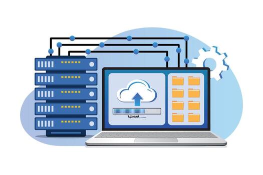 Cloud storage and data center. Flat design of laptop with cloud upload, file folders, and connected server network for cloud computing and file management concept. vector