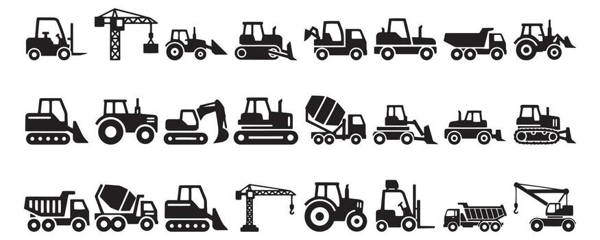 Construction vehicle fill icon set. pictograms of bulldozer, loader, grader, paver, roller, lowboy hauler, utility, concrete mixer, thin linear vector