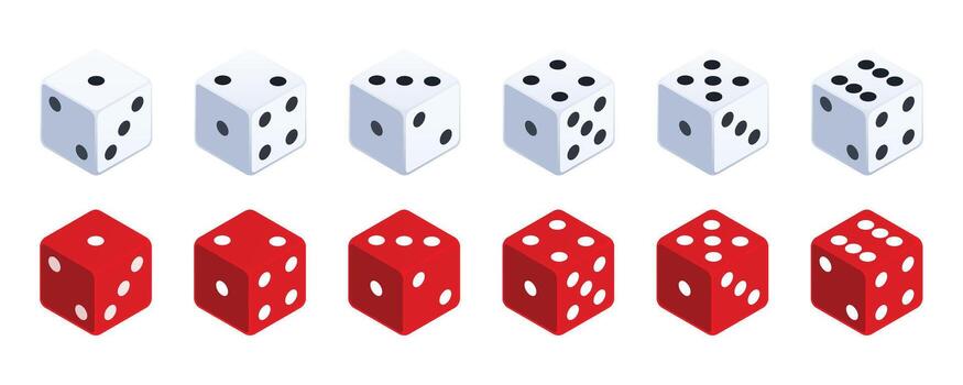 Set of dices. White and Red 3d dice icon set. Six faces of game die from one to six on white background. vector