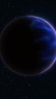 Glowing digital planet with dotted surface texture floating in deep cosmic space with stars video