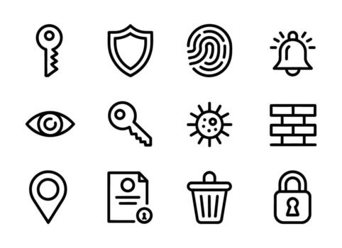 Set of security and privacy icons including key, shield, fingerprint, bell, eye, virus, brick wall, map pin, document, trash can, and padlock vector