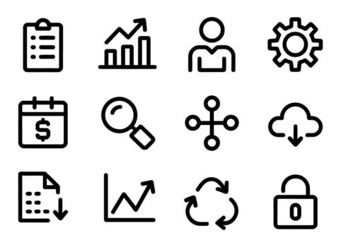 Collection of business and finance icons, including a checklist, graph, user, gear, calendar, magnifying glass, network, cloud, document, chart, cycle, and lock vector