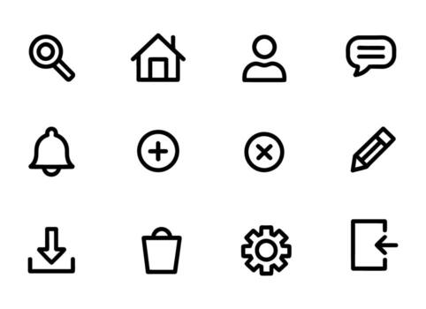 Collection of simple outline icons for user interface design, including search, home, user, message, notification, add, delete, edit, download, trash, settings, and login vector