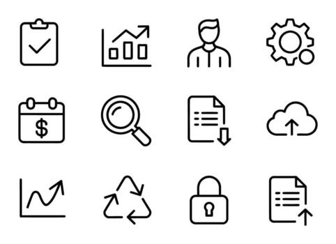 Collection of business and finance icons, including checklist, graph, person, gear, calendar, search, document, cloud, chart, recycle, lock, and file upload vector