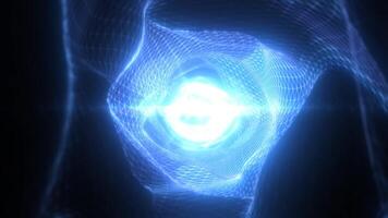 blå lysande tunnel med dynamisk rutnät maska formning en vridning ljus virvel video
