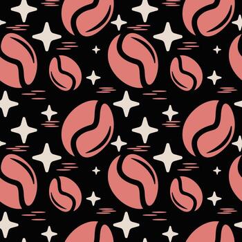 sin costura repitiendo modelo presentando estilizado café frijoles y como una estrella formas en retro diseño en un negro antecedentes vector