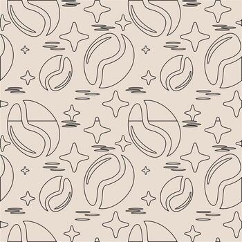 Minimal seamless pattern featuring outlined coffee beans and star shapes in a simple line art style on a beige background. Perfect for cafe branding, packaging, textiles, wallpapers, wrapping paper vector