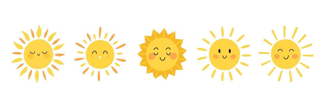 linda Dom ilustración conjunto con varios sonriente caras y único rayos brillante amarillo soles expresando felicidad, calor, y positivo emociones en mínimo y niños tema diseño vector