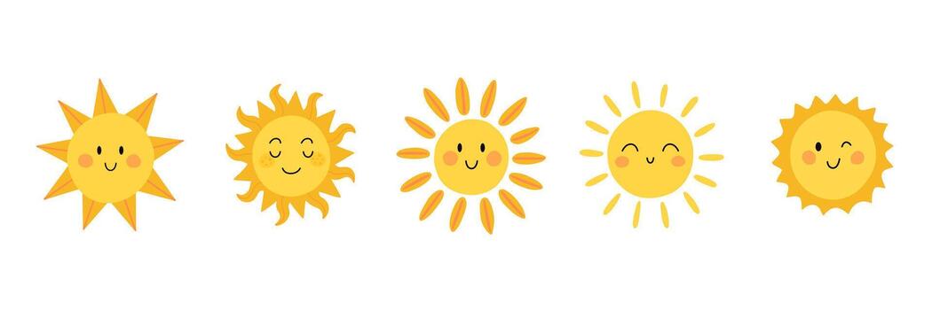 linda Dom ilustración conjunto con sonriente caras y diferente rayos contento amarillo soles demostración calor, alegría, y positivo emoción en mínimo y niños tema vector