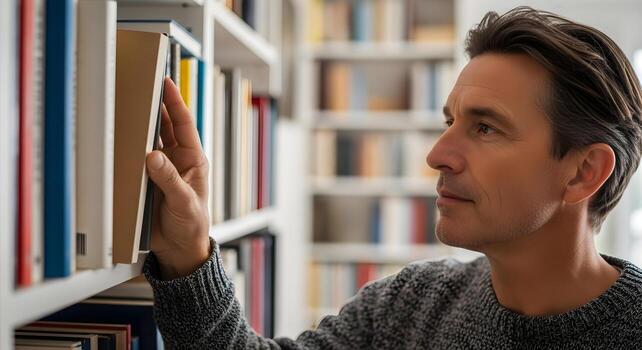 Man browsing books on shelf, looking for knowledge and information. photo