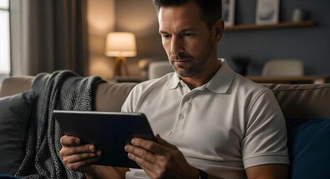 Man Relaxing on Sofa Using Digital Tablet Device at Home photo