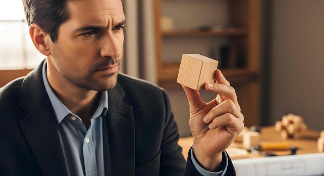Architect analyzing wooden block, conceptual design, business, and architecture concepts. photo