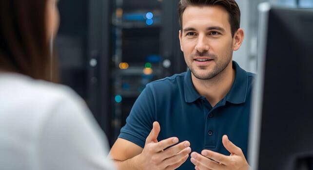 eso ingeniero que se discute red servidor mantenimiento con un colega. foto