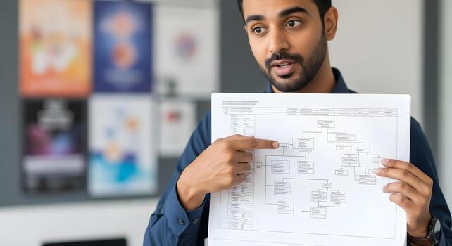 presentador explicando un diagrama de flujo en un negocio reporte en reunión. foto