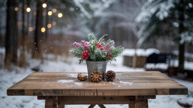 Christmas centerpiece of fir branches and red berries in a galvanized bucket on a rustic wooden table in the snow photo