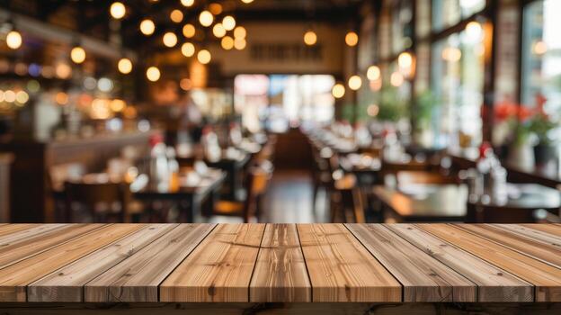 marrón de madera tablón mesa textura con borroso antecedentes de un acogedor café interior ajuste iluminado por calentar luces. foto