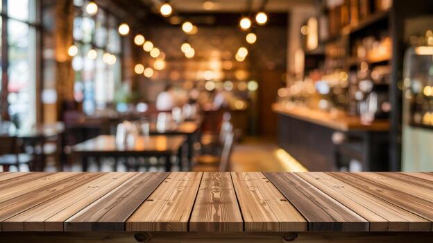 Empty wooden table top surface overlooking a modern restaurant interior with warm ambient lighting and bokeh effect photo