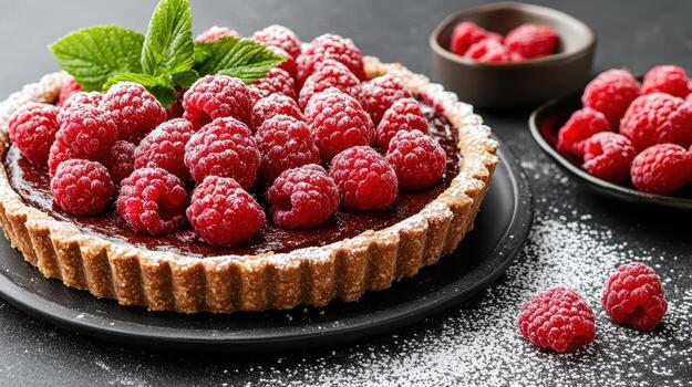 A raspberry tart with fresh raspberries on a black background photo