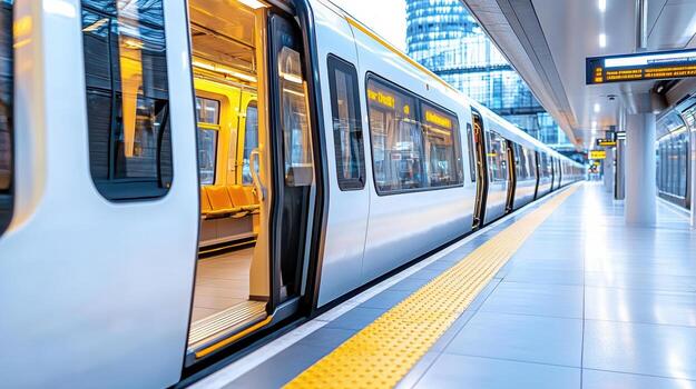 A train is parked at a station with a yellow line photo