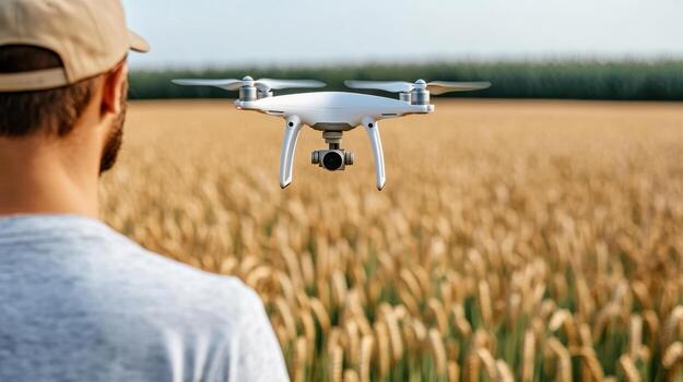 A man in a hat is flying a drone over a field of wheat photo