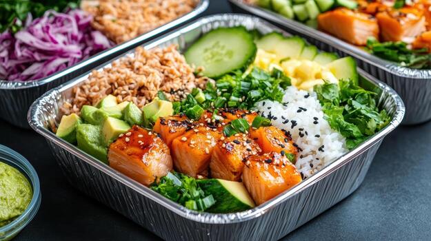 Three containers with food in them, including salmon, rice, and vegetables photo