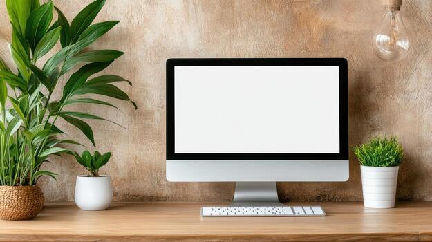 Computer monitor with blank screen on wooden desk photo