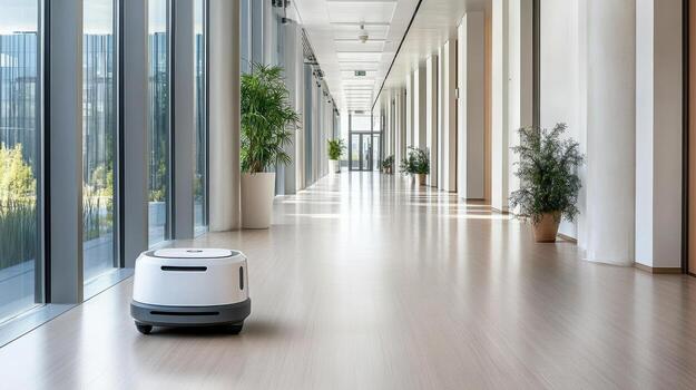 un robot es sentado en el piso en un pasillo foto