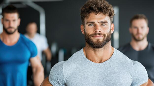 A man with a beard and a beard standing in front of other men in the gym photo