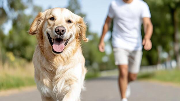 A golden retriever running on a road with a man in the background photo